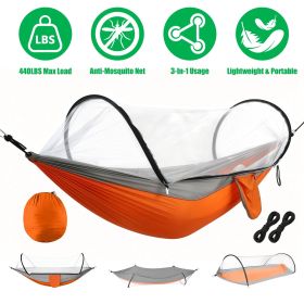 Camping Hammock with Mosquito Net 3-in-1 Portable Hammock Tent with Built-In Mosquito Net Dual-Way Zippers 440lbs Capacity Attached Storage Pocke (Color: Orange_Grey)