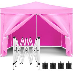 10'x10' Pop Up Canopy Outdoor Portable Party Folding Tent with Removable Sidewalls + Carry Bag + 4pcs Weight Bag (Color: Pink)