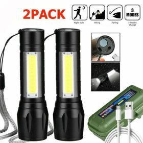 Mini Flashlight LED COB Torch Rechargeable High Lumens Zoomable Adjustable Focus Camping Light 3 Modes Waterproof Must Provide A Hazardous Materi (Option: 2PCS)